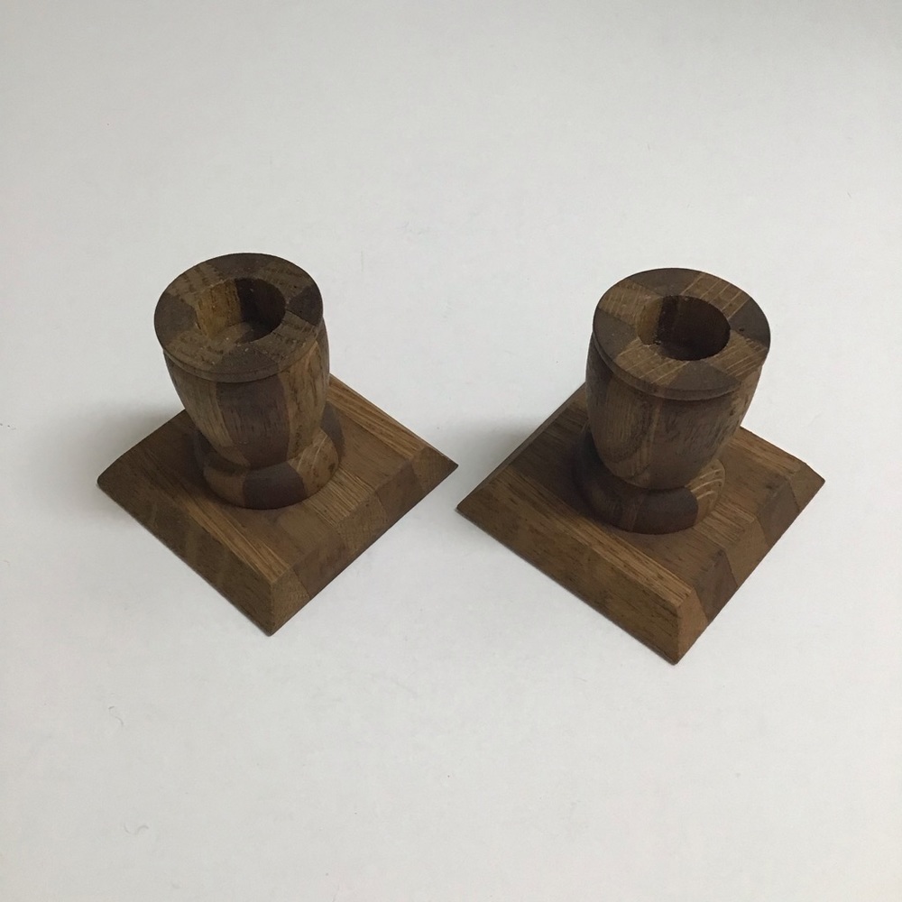 Vintage Folk Art Rustic Pair Small Solid Wood Candlestick Holders 3โ Primitive - Picture 13 of 16